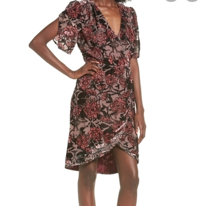 LEITH FLORAL BROWN PINKS  BURNOUT DRESS SPLIT SHORT SLEEVES CHURCH TEA DERBY‎